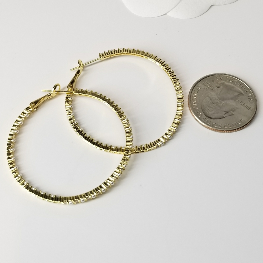NEW Gold Pave CZ Diamond Pearl Hoop Earrings - Picture 6 of 8